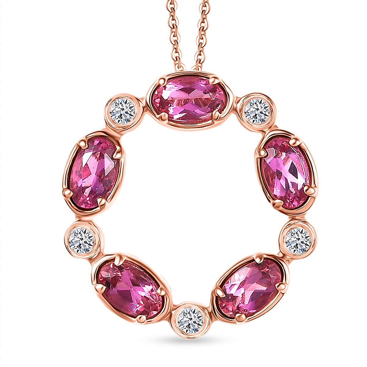 Luxuriant Lab Grown Bixbite & White Zircon Pendant with Chain (Size 20) in Rose Gold Plated Sterling Silver 1.28 Ct.