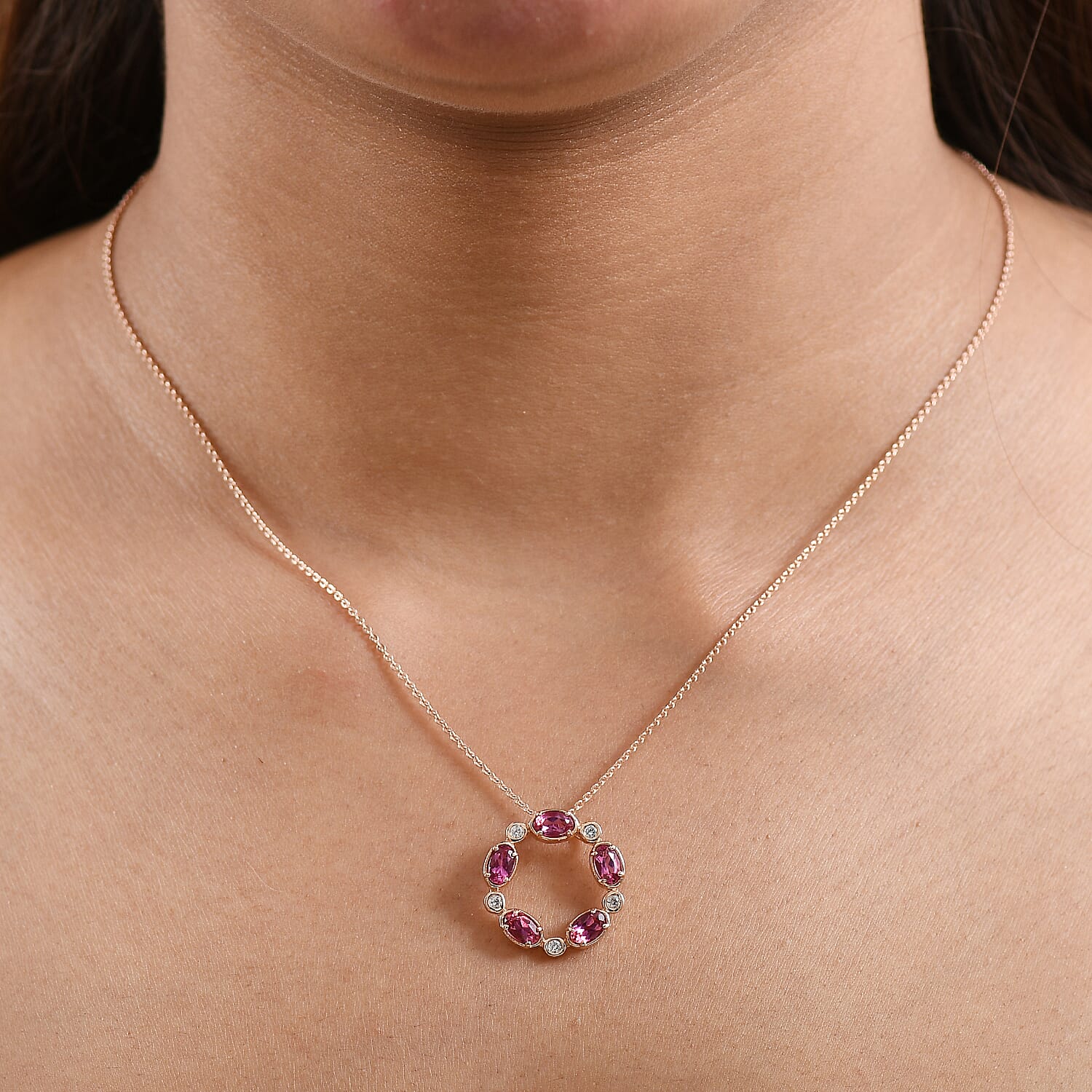 Luxuriant Lab Grown Bixbite & White Zircon Pendant with Chain (Size 20) in Rose Gold Plated Sterling Silver 1.28 Ct.
