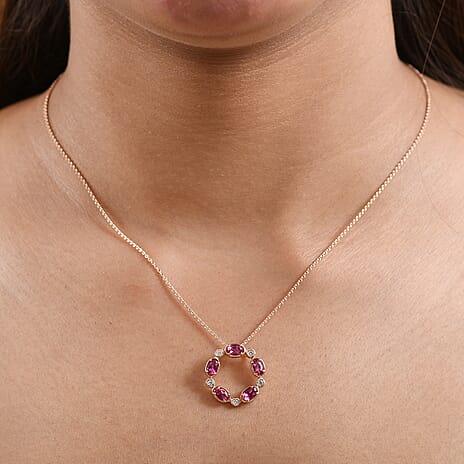 Luxuriant Lab Grown Bixbite & White Zircon Pendant with Chain (Size 20) in Rose Gold Plated Sterling Silver 1.28 Ct.