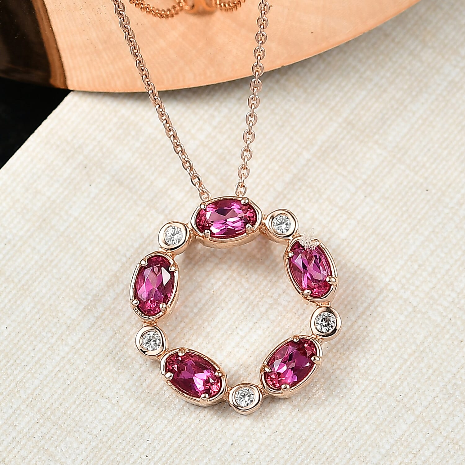 Luxuriant Lab Grown Bixbite & White Zircon Pendant with Chain (Size 20) in Rose Gold Plated Sterling Silver 1.28 Ct.