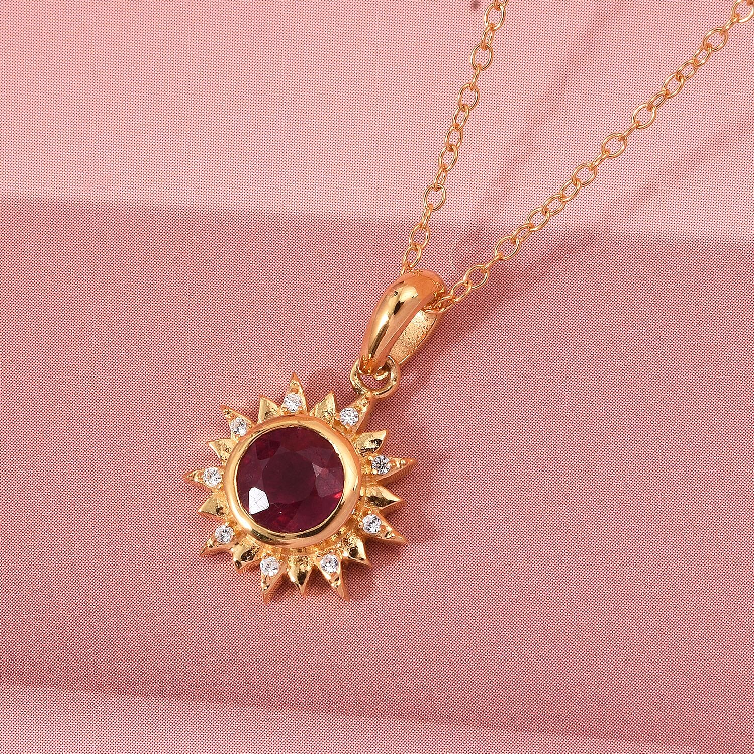 D'Joy African Ruby & White Zircon Pendant with Chain (Size 20) in Yellow Gold Plated Sterling Silver 1.03 Ct.