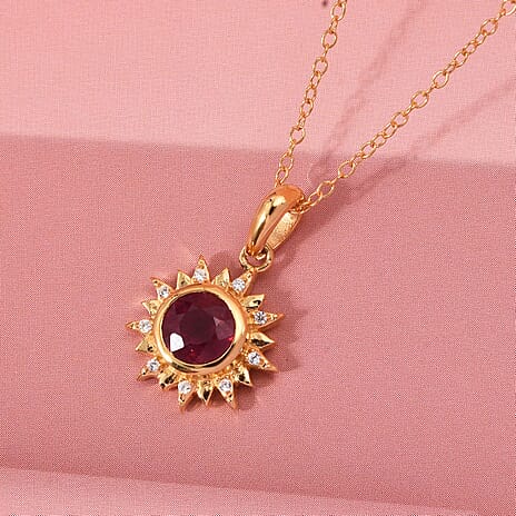 D'Joy African Ruby & White Zircon Pendant with Chain (Size 20) in Yellow Gold Plated Sterling Silver 1.03 Ct.