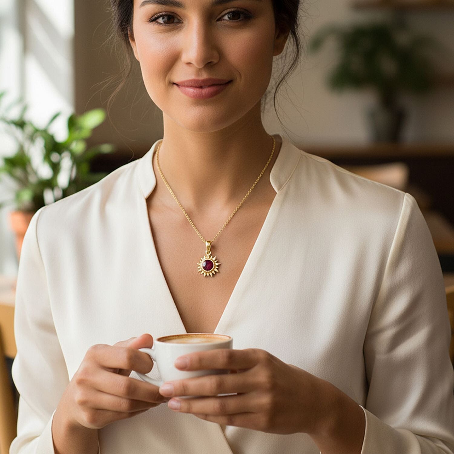 D'Joy African Ruby & White Zircon Pendant with Chain (Size 20) in Yellow Gold Plated Sterling Silver 1.03 Ct.