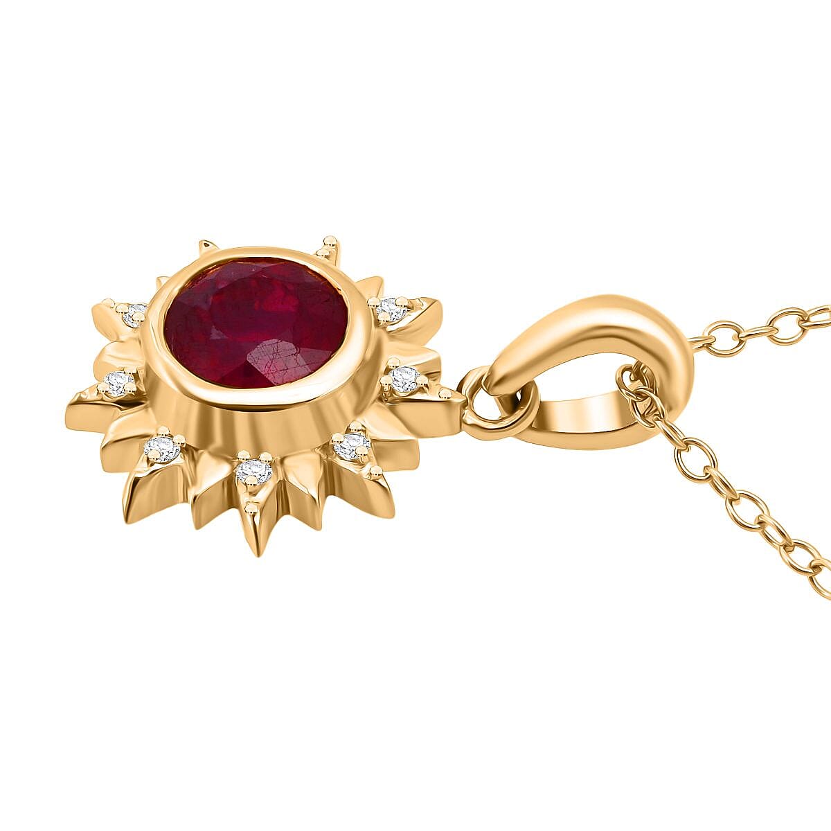 D'Joy African Ruby & White Zircon Pendant with Chain (Size 20) in Yellow Gold Plated Sterling Silver 1.03 Ct.