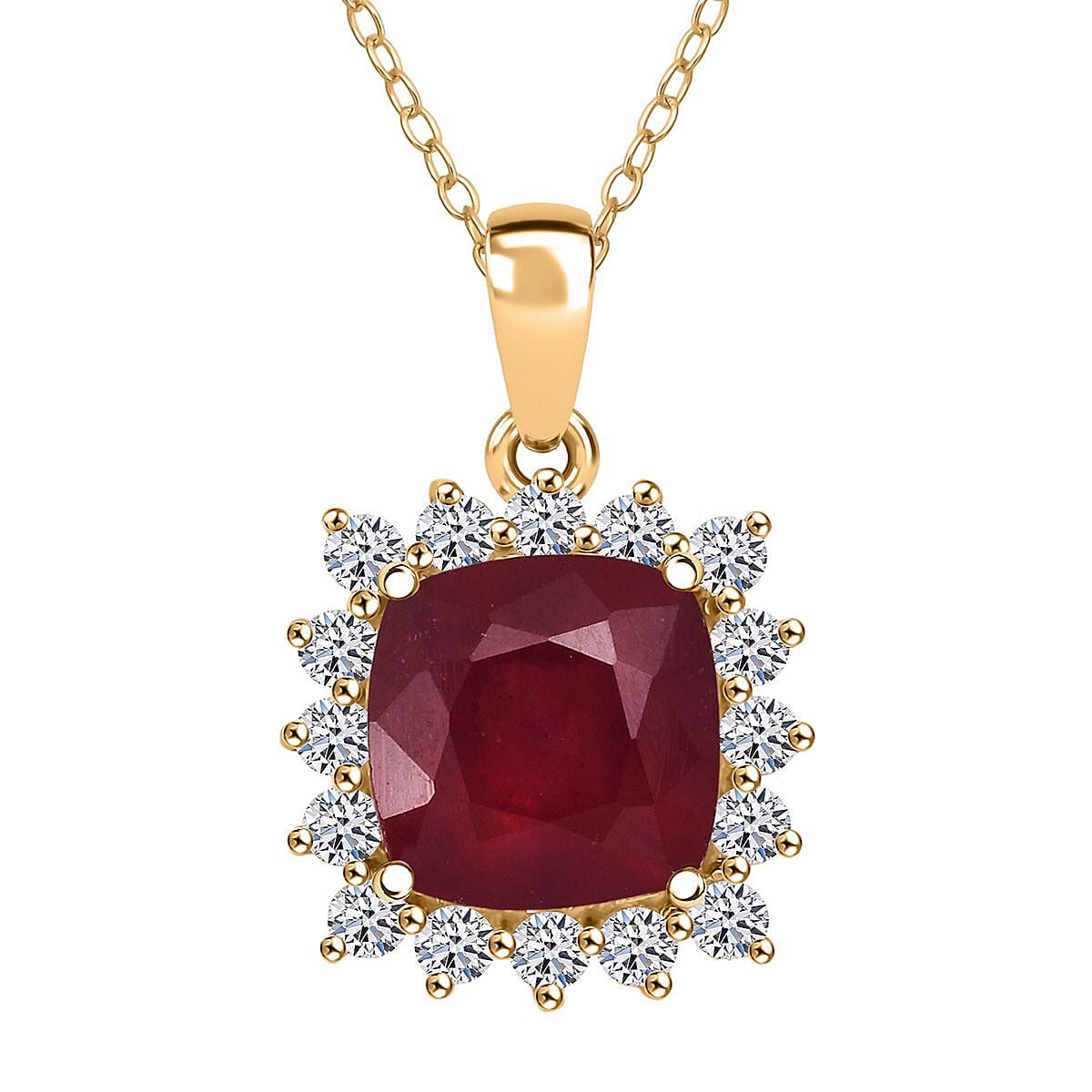 Luxuriant African Ruby & Lab Grown Diamond SI-GH (0.50 Cts)Pendant with Chain (Size 20) in 18K Vermeil Yellow Gold Plated Sterling Silver 5.40 Ct.