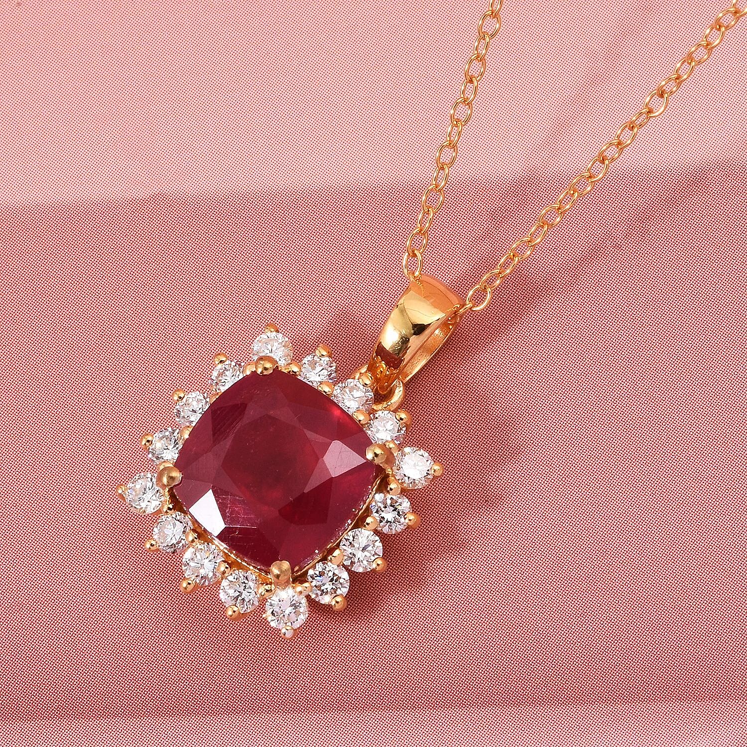 Luxuriant African Ruby & Lab Grown Diamond SI-GH (0.50 Cts)Pendant with Chain (Size 20) in 18K Vermeil Yellow Gold Plated Sterling Silver 5.40 Ct.