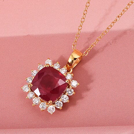 Luxuriant African Ruby & Lab Grown Diamond SI-GH (0.50 Cts)Pendant with Chain (Size 20) in 18K Vermeil Yellow Gold Plated Sterling Silver 5.40 Ct.