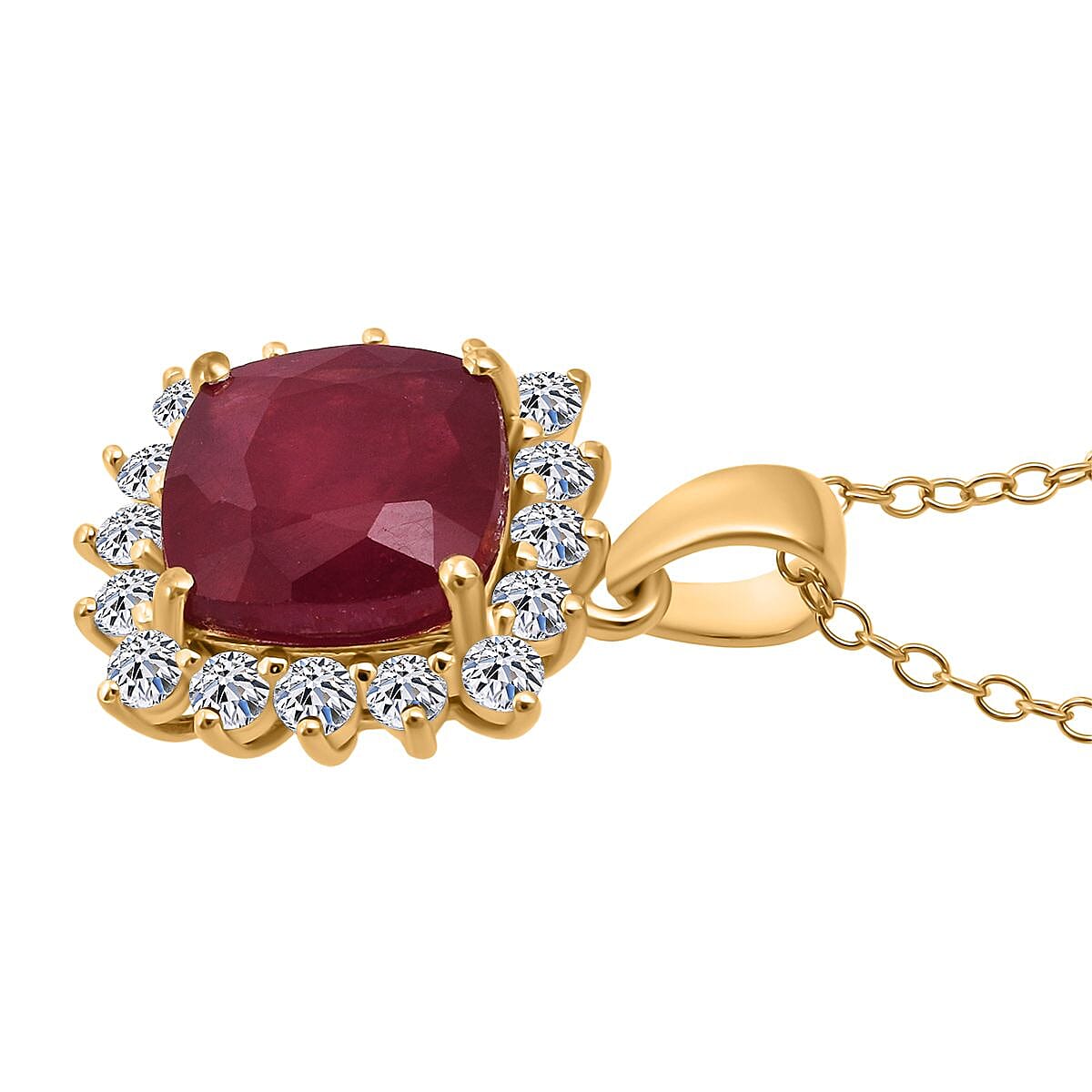 Luxuriant African Ruby & Lab Grown Diamond SI-GH (0.50 Cts)Pendant with Chain (Size 20) in 18K Vermeil Yellow Gold Plated Sterling Silver 5.40 Ct.