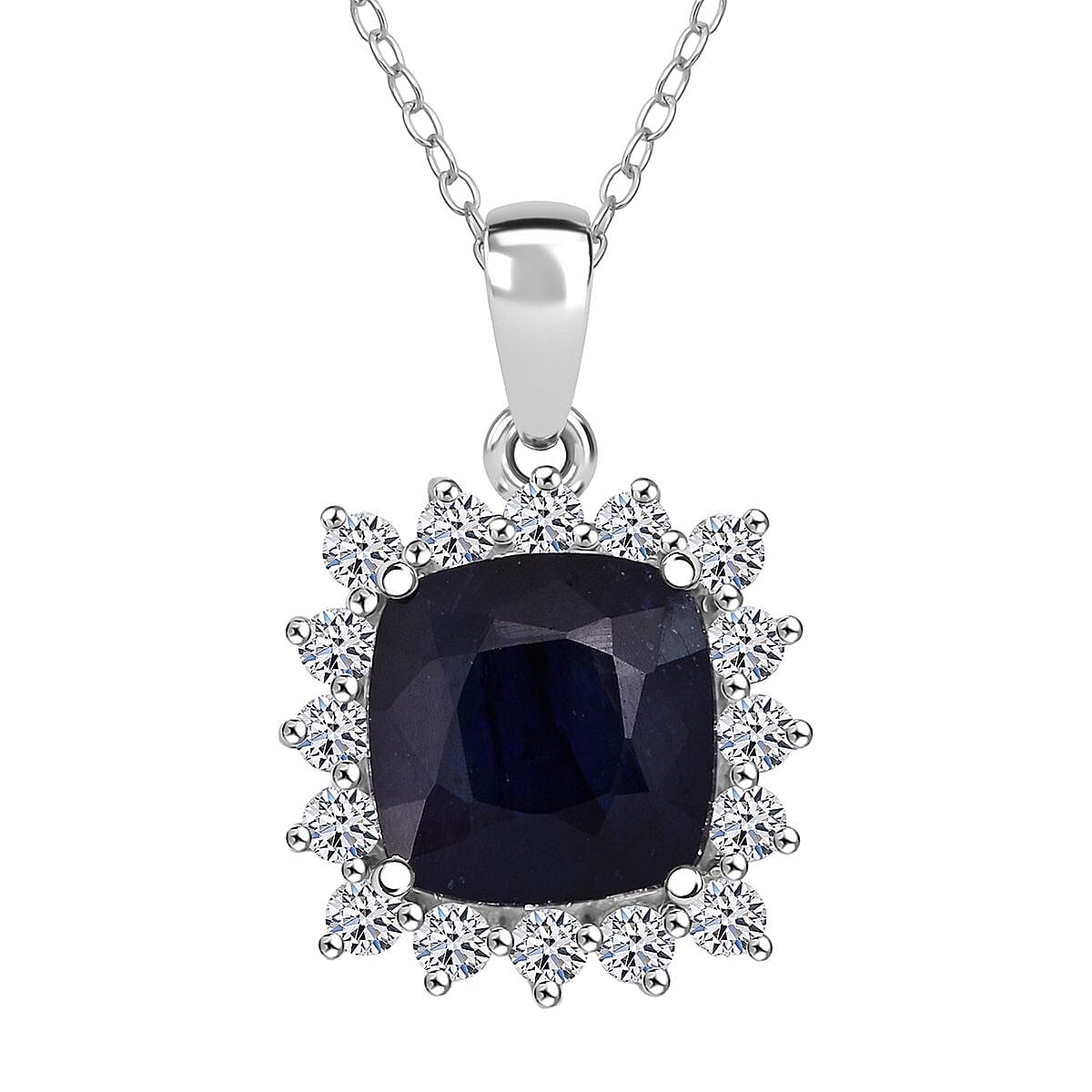 Masoala Sapphire & Lab Grown Diamond (SI-GH) Pendant with Chain (Size 20) in Rhodium Overlay Sterling Silver 5.40 Ct.