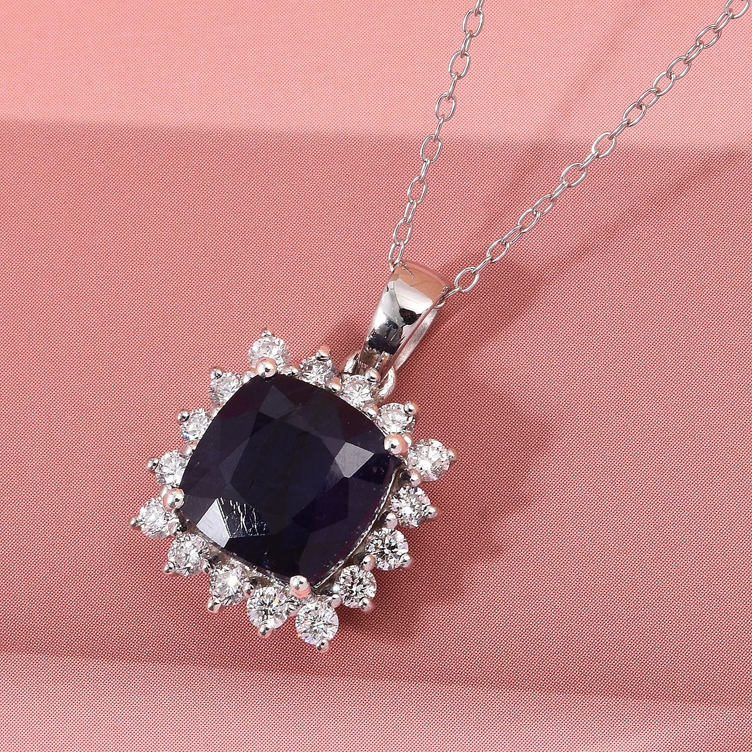 Masoala Sapphire & Lab Grown Diamond (SI-GH) Pendant with Chain (Size 20) in Rhodium Overlay Sterling Silver 5.40 Ct.