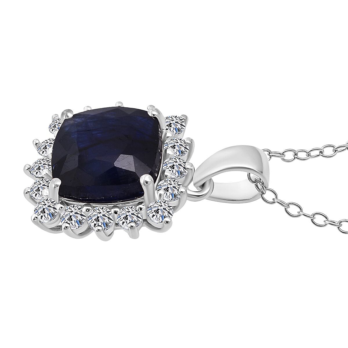 Masoala Sapphire & Lab Grown Diamond (SI-GH) Pendant with Chain (Size 20) in Rhodium Overlay Sterling Silver 5.40 Ct.