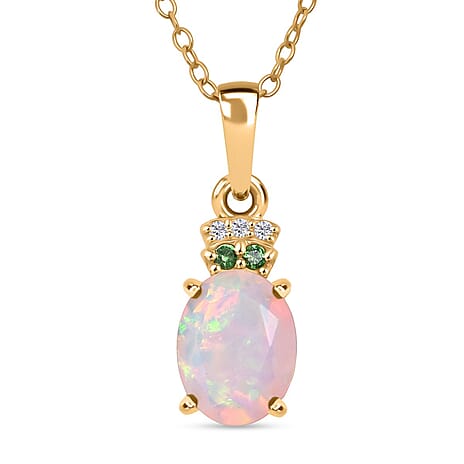 D'Joy Ethiopian Opal, White Zircon & Tsavorite Garnet Pendant with Chain (Size 20) in 18K Yellow Gold Plating Sterling Silver 1.14 Ct.