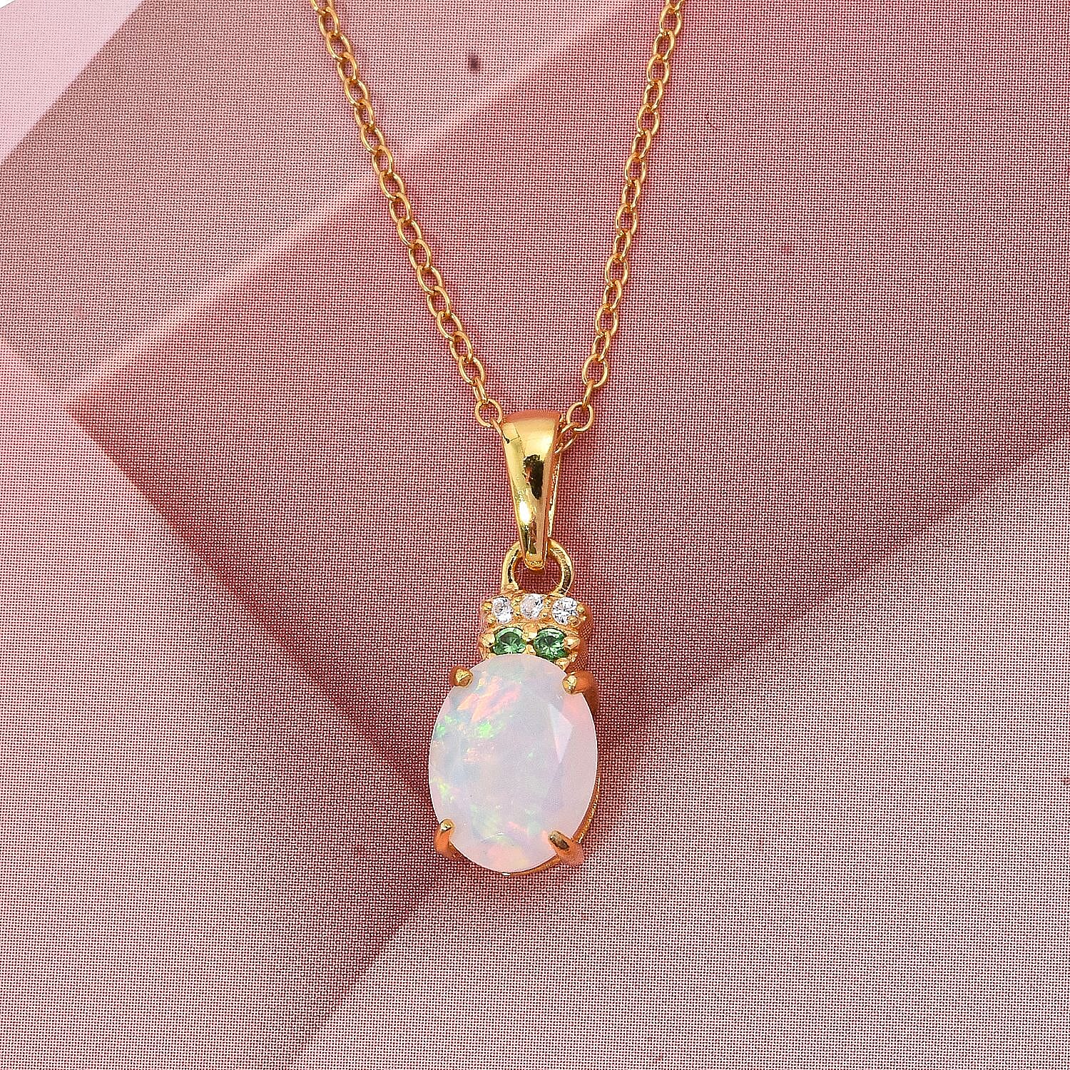 D'Joy Ethiopian Opal, White Zircon & Tsavorite Garnet Pendant with Chain (Size 20) in 18K Yellow Gold Plating Sterling Silver 1.14 Ct.