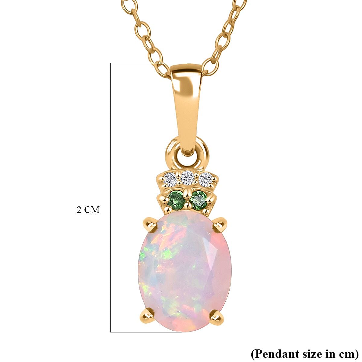 D'Joy Ethiopian Opal, White Zircon & Tsavorite Garnet Pendant with Chain (Size 20) in 18K Yellow Gold Plating Sterling Silver 1.14 Ct.