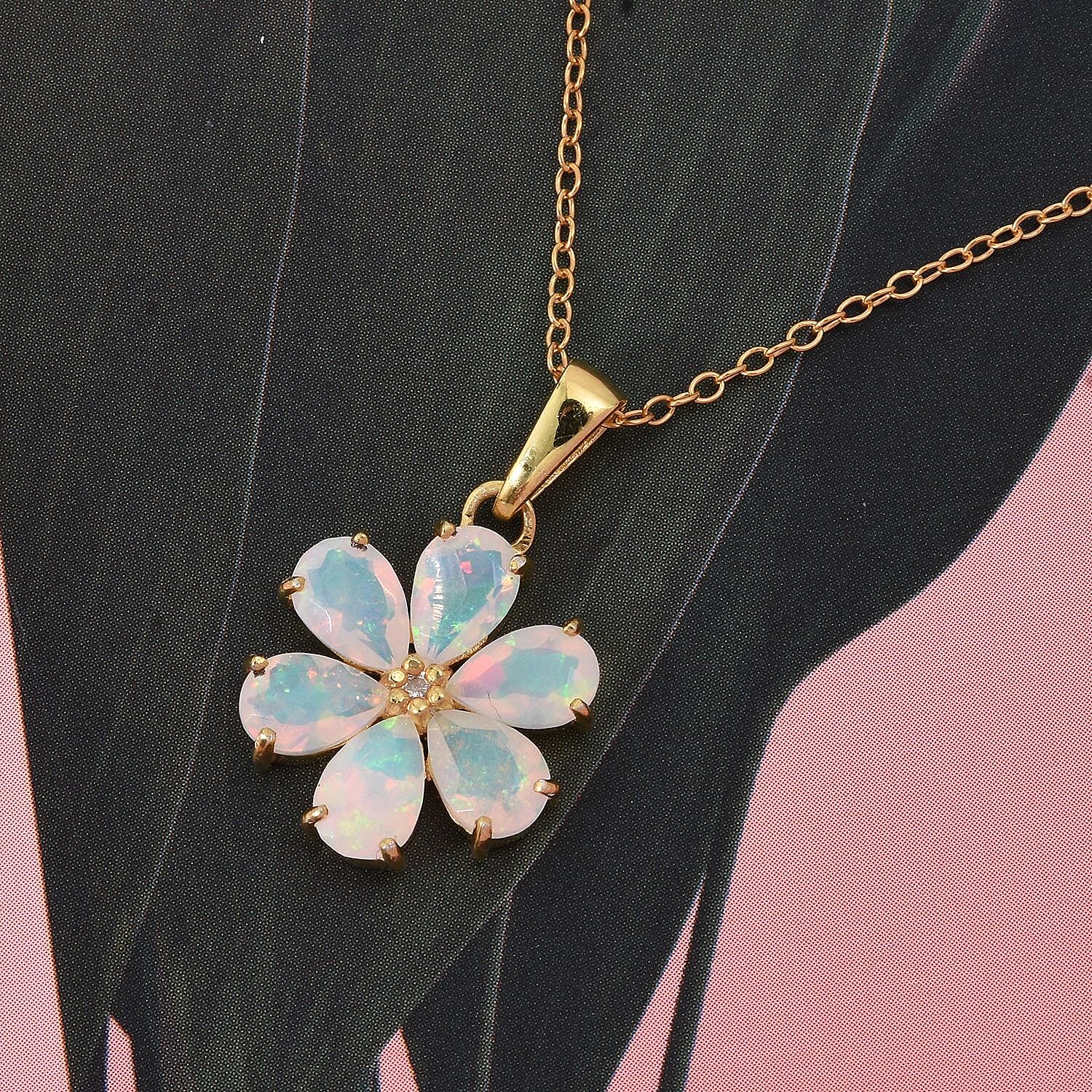D'Joy Ethiopian Opal & White Zircon Pendant with Chain (Size 20) in 18K Yellow Gold Plating Sterling Silver 1.54 Ct.