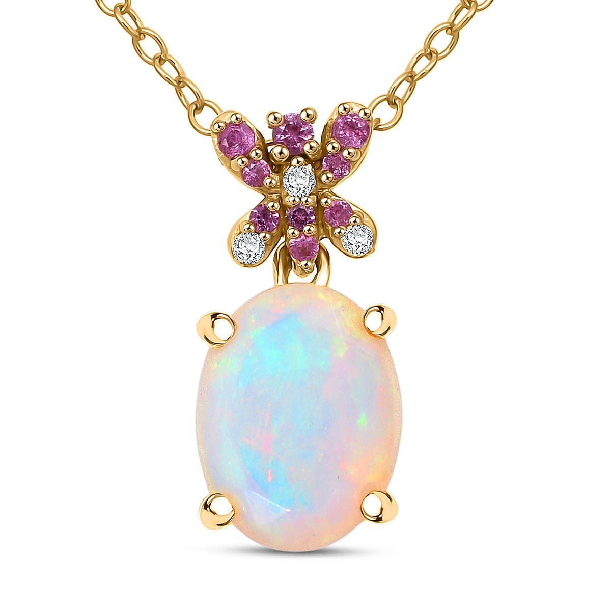 D'Joy Ethiopian Opal, Pink Sapphire & White Zircon Pendant with Chain (Size 20) in 18K Yellow Gold Plating Sterling Silver 1.23 Ct.