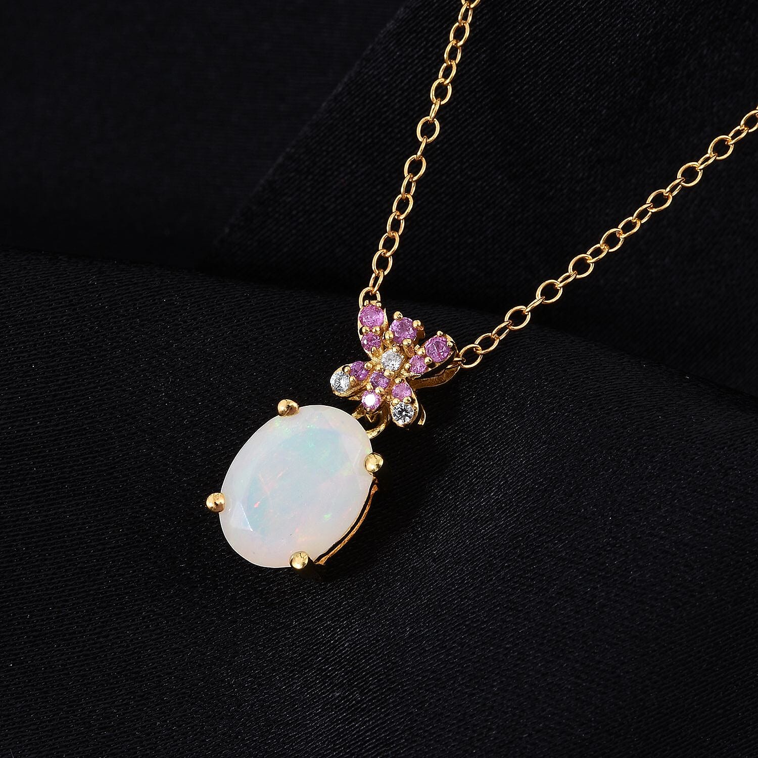 D'Joy Ethiopian Opal, Pink Sapphire & White Zircon Pendant with Chain (Size 20) in 18K Yellow Gold Plating Sterling Silver 1.23 Ct.