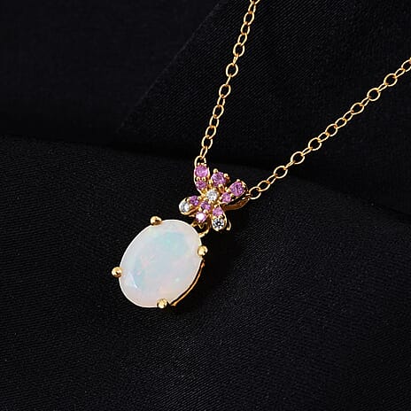 D'Joy Ethiopian Opal, Pink Sapphire & White Zircon Pendant with Chain (Size 20) in 18K Yellow Gold Plating Sterling Silver 1.23 Ct.