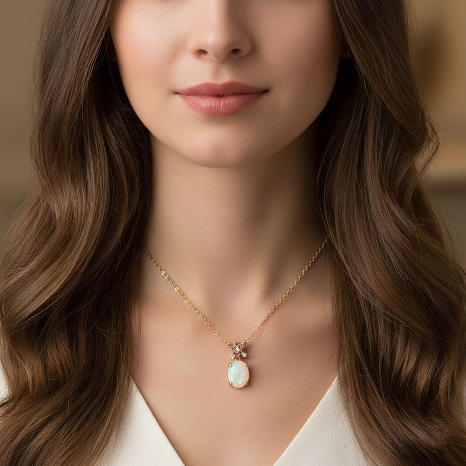 D'Joy Ethiopian Opal, Pink Sapphire & White Zircon Pendant with Chain (Size 20) in 18K Yellow Gold Plating Sterling Silver 1.23 Ct.