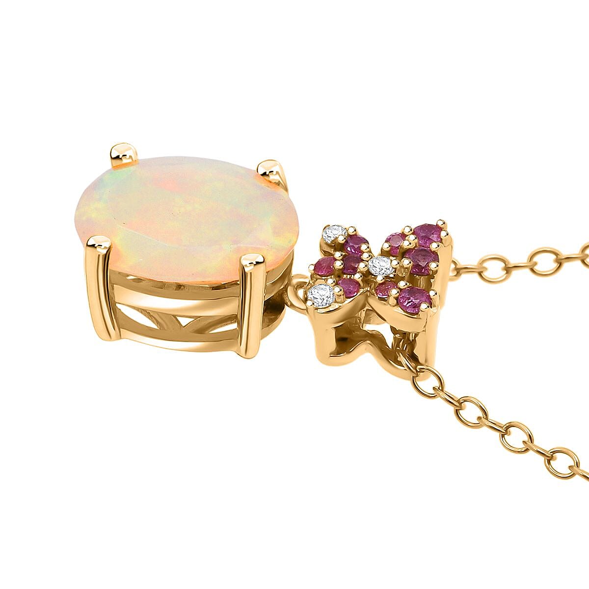 D'Joy Ethiopian Opal, Pink Sapphire & White Zircon Pendant with Chain (Size 20) in 18K Yellow Gold Plating Sterling Silver 1.23 Ct.