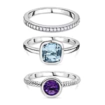 Set of 3 - African Amethyst, Sky blue Topaz and White Zircon Stackable Ring in Rhodium Overlay Sterling Silver 2.71 Ct.