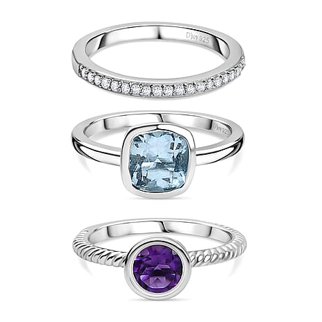 Set of 3 - African Amethyst, Skyblue Topaz & White Zircon Stackable Ring in Rhodium Overlay Sterling Silver 2.71 Ct, Silver Wt. Wt. 5.82 Gms.