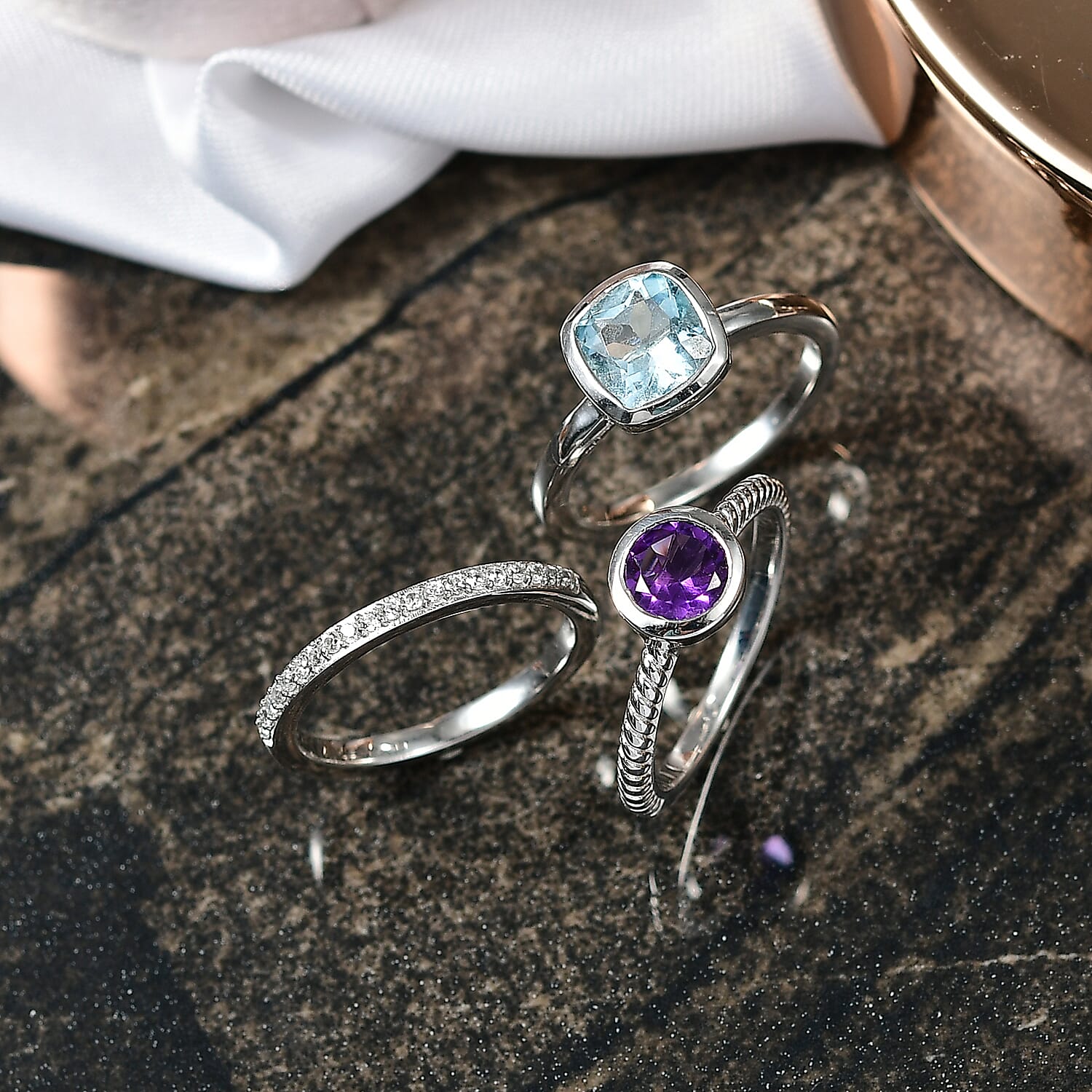 Set of 3 - African Amethyst, Skyblue Topaz & White Zircon Stackable Ring in Rhodium Overlay Sterling Silver 2.71 Ct, Silver Wt. Wt. 5.82 Gms.