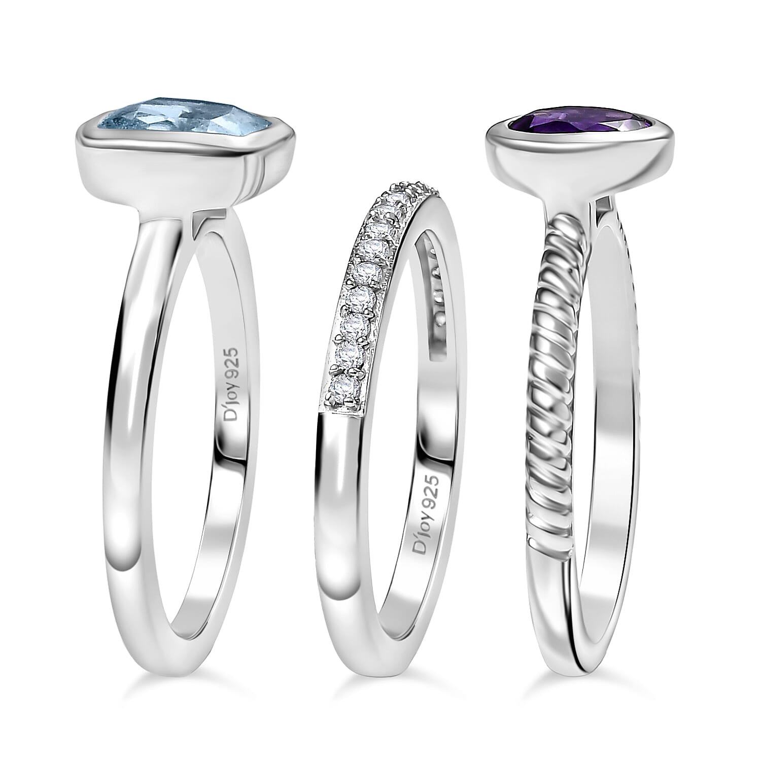 Set of 3 - African Amethyst, Skyblue Topaz & White Zircon Stackable Ring in Rhodium Overlay Sterling Silver 2.71 Ct, Silver Wt. Wt. 5.82 Gms.