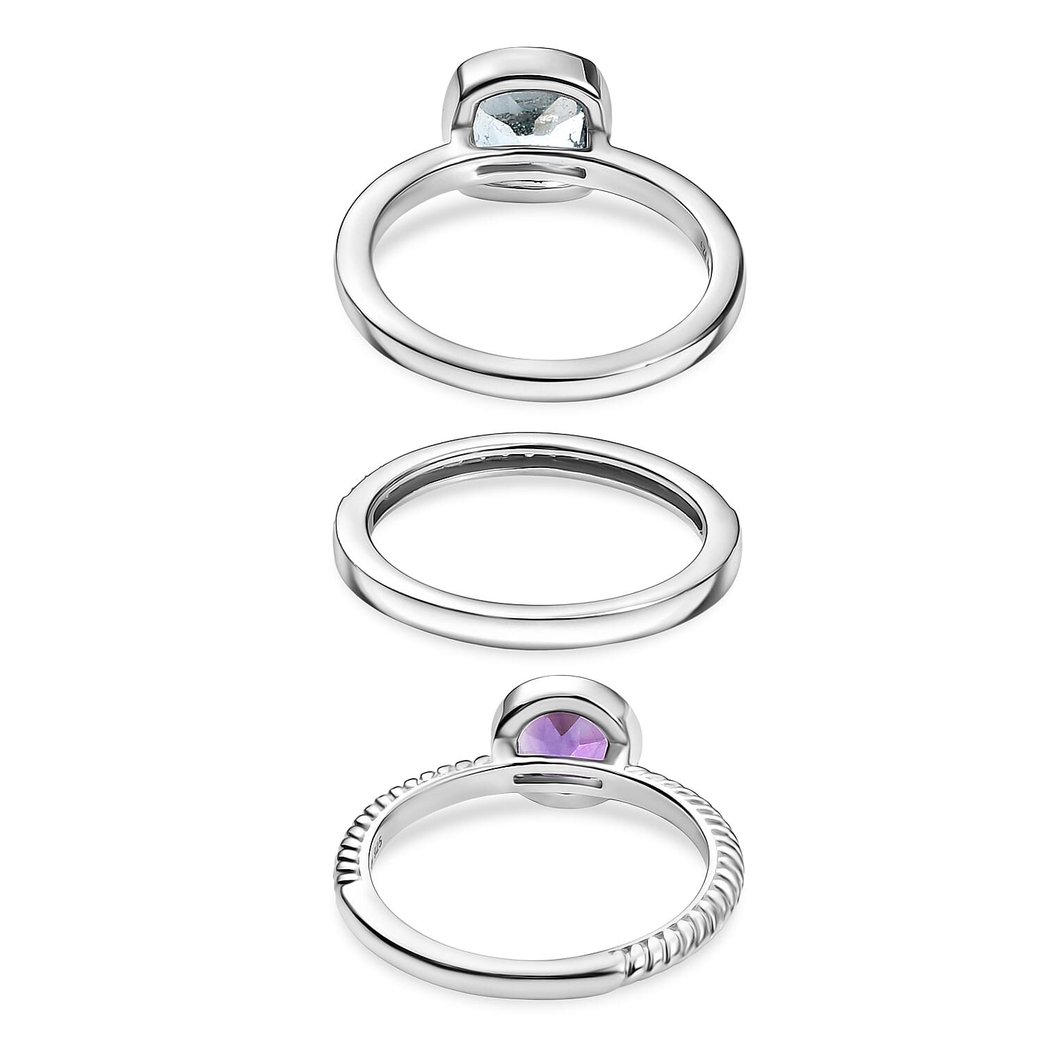 Set of 3 - African Amethyst, Skyblue Topaz & White Zircon Stackable Ring in Rhodium Overlay Sterling Silver 2.71 Ct, Silver Wt. Wt. 5.82 Gms.