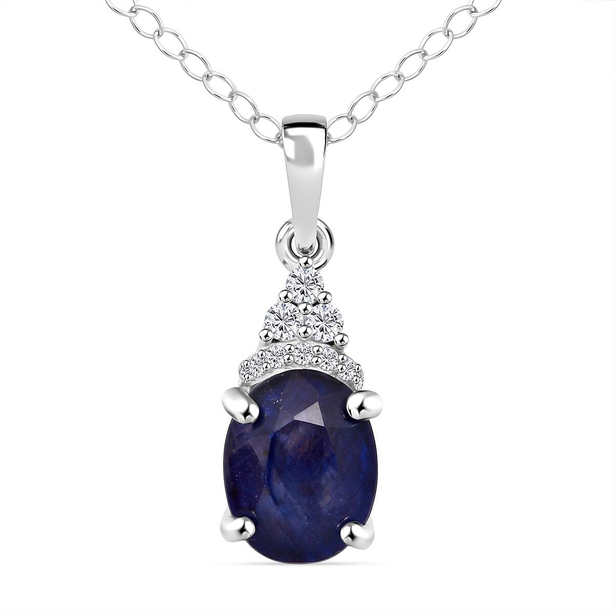 Masoala Sapphire & White Zircon Pendant with Chain (Size 20) in Rhodium Overlay Sterling Silver 2.81 Ct.