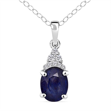 Masoala Sapphire & White Zircon Pendant with Chain (Size 20) in Rhodium Overlay Sterling Silver 2.81 Ct.