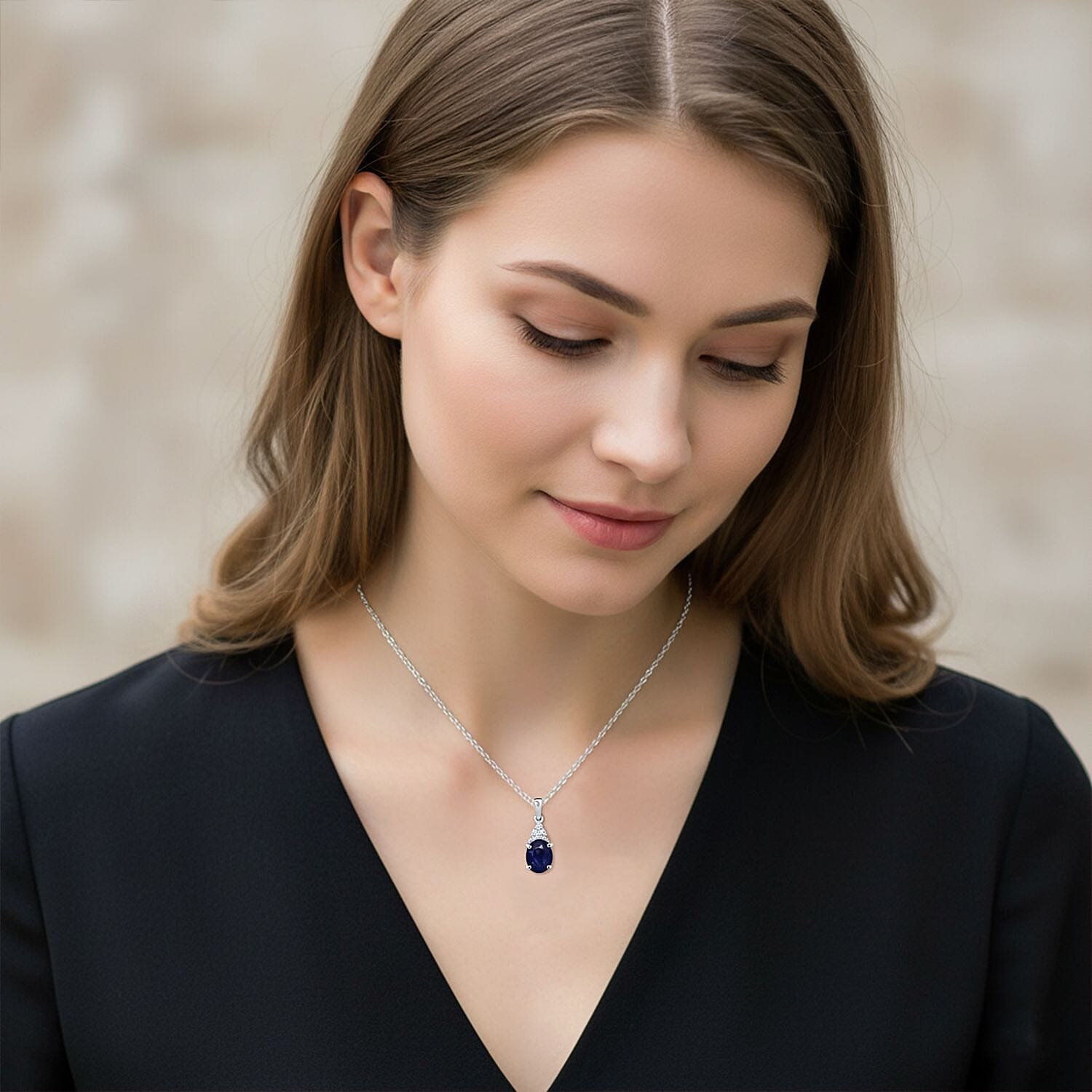 Masoala Sapphire & White Zircon Pendant with Chain (Size 20) in Rhodium Overlay Sterling Silver 2.81 Ct.