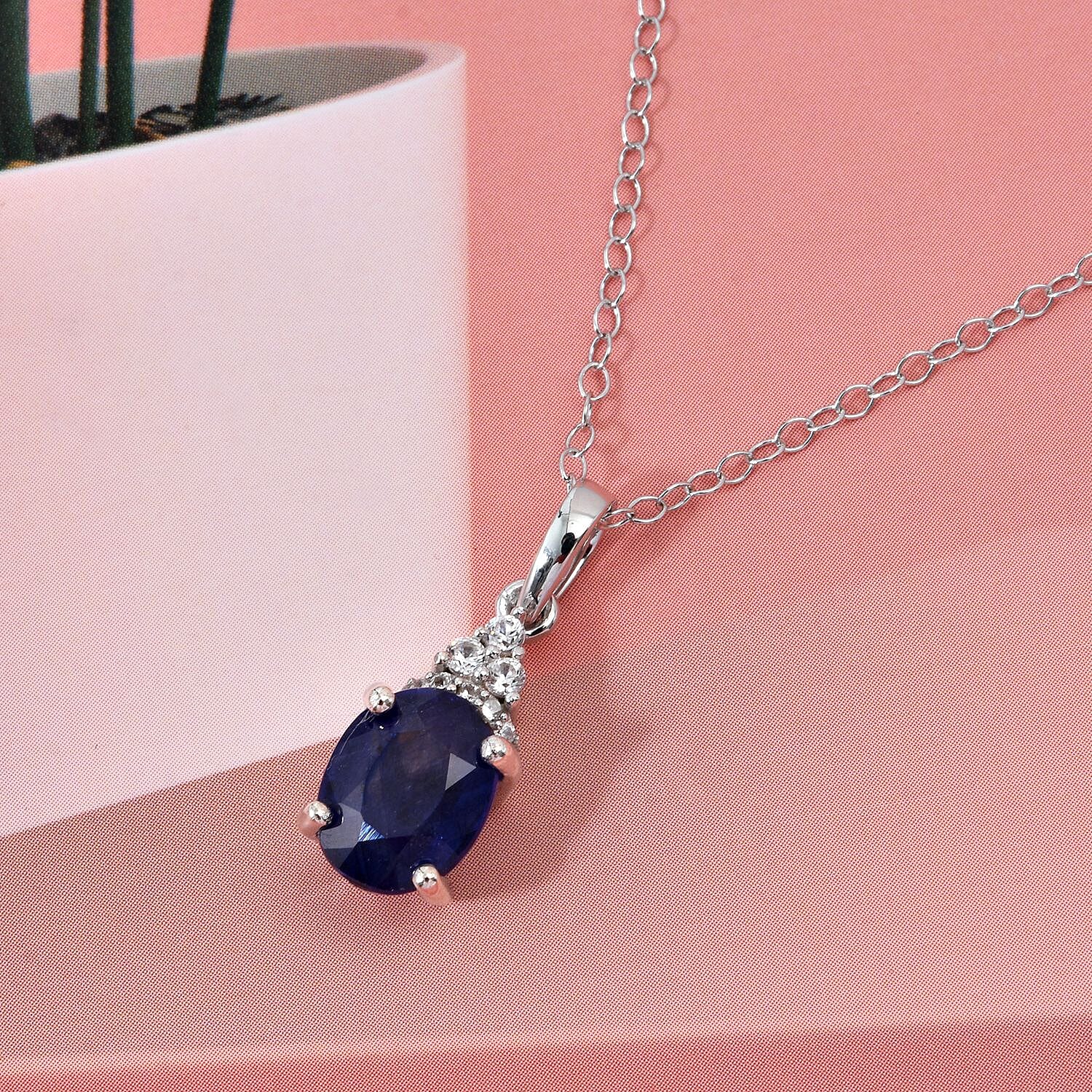 Masoala Sapphire & White Zircon Pendant with Chain (Size 20) in Rhodium Overlay Sterling Silver 2.81 Ct.