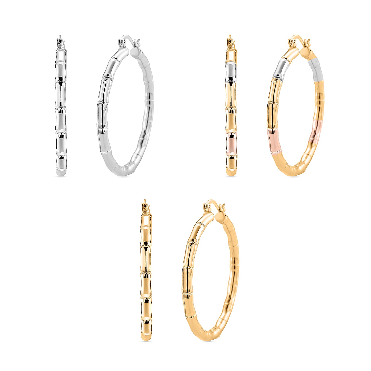 Set of 3 - J Hoop Half Hoop Earring with Clasp in Tri Colour Tone