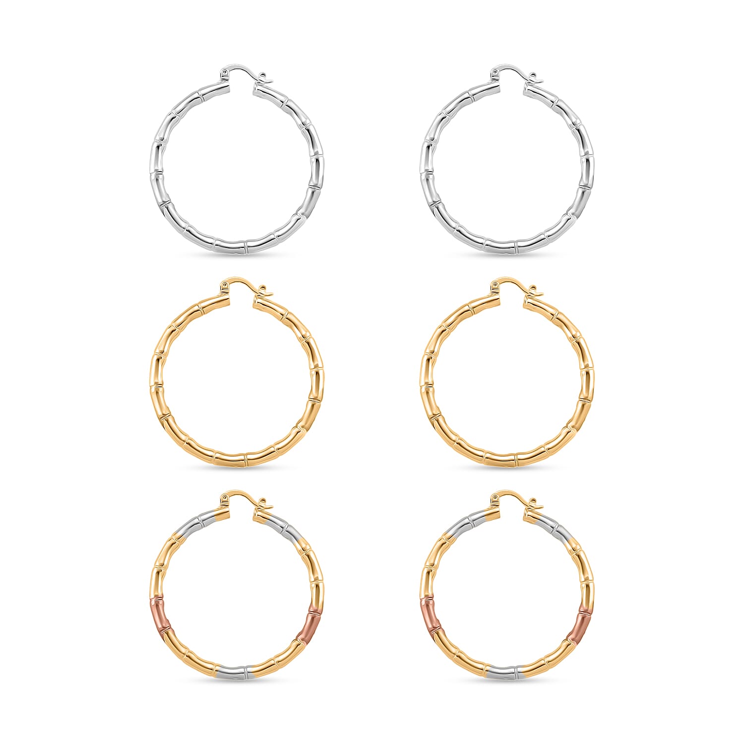 Set of 3 - J Hoop Half Hoop Earring with Clasp in Tri Colour Tone