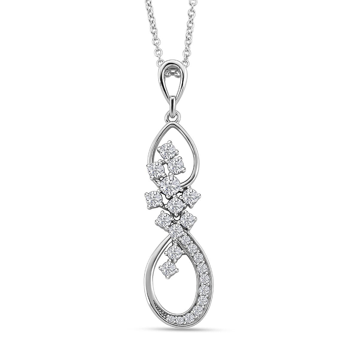 Lucy Q - Fluid Collection Moissanite Pendant with Chain (Size 20) in Platinum & Rhodium Overlay Sterling Silver 1.20 Ct, Silver Wt. 5.30 Gms.
