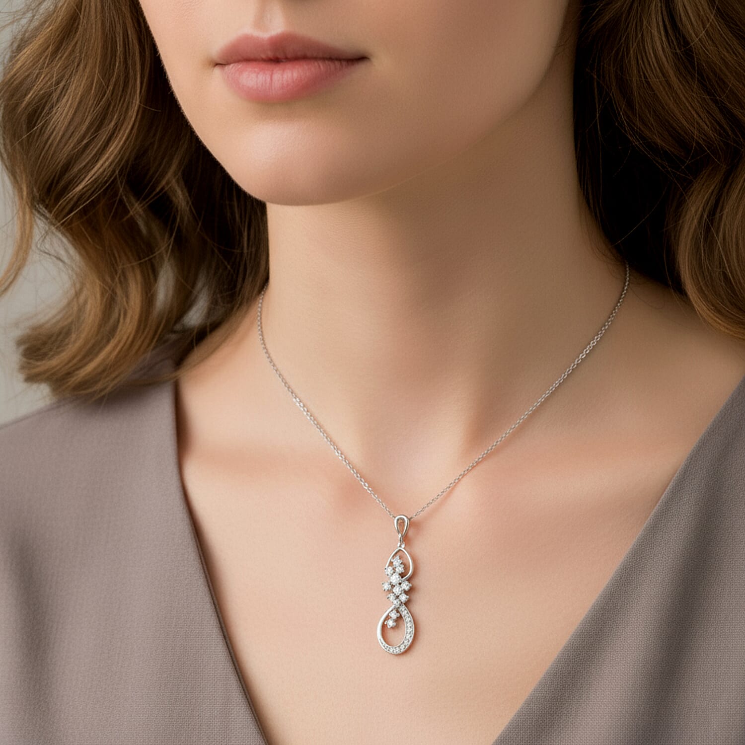 Lucy Q - Fluid Collection Moissanite Pendant with Chain (Size 20) in Platinum & Rhodium Overlay Sterling Silver 1.20 Ct, Silver Wt. 5.30 Gms.