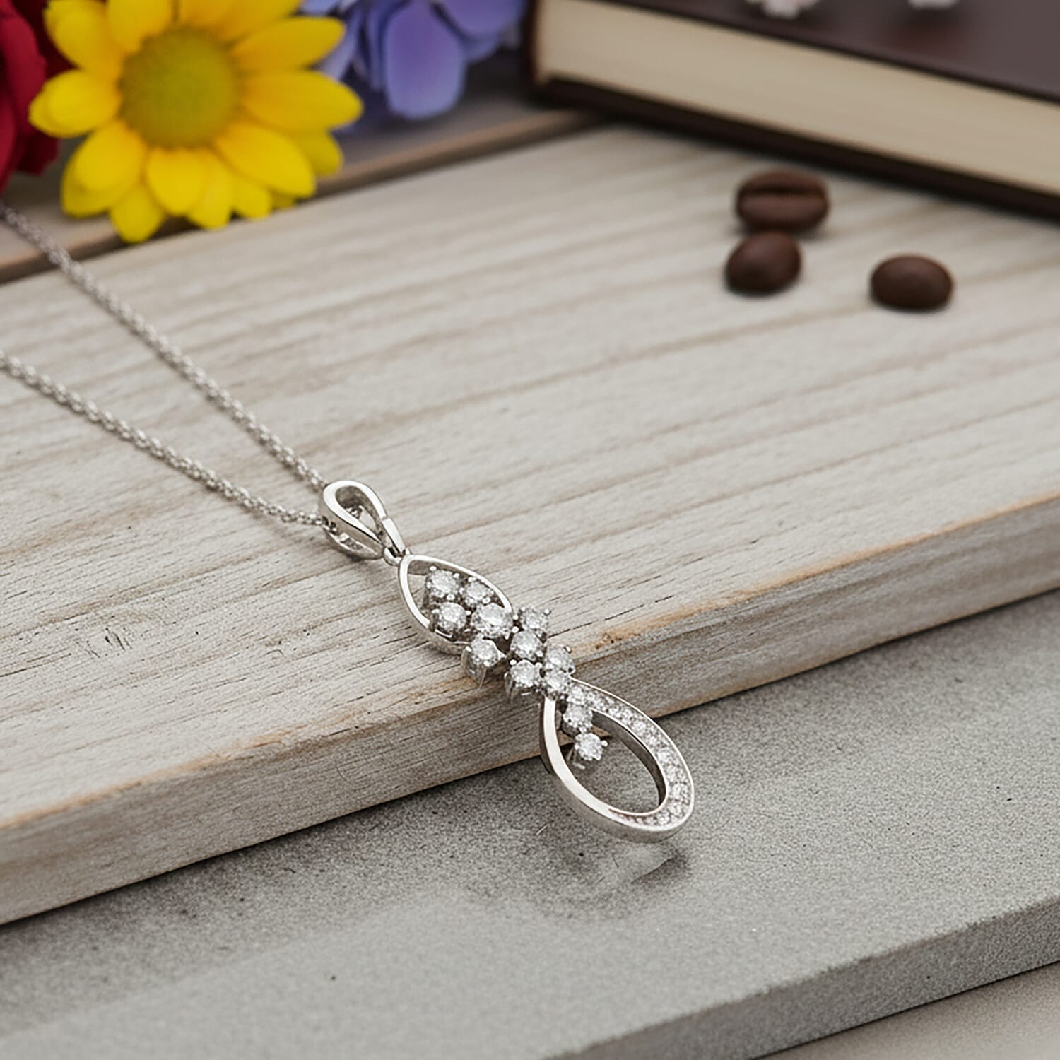 Lucy Q - Fluid Collection Moissanite Pendant with Chain (Size 20) in Platinum & Rhodium Overlay Sterling Silver 1.20 Ct, Silver Wt. 5.30 Gms.