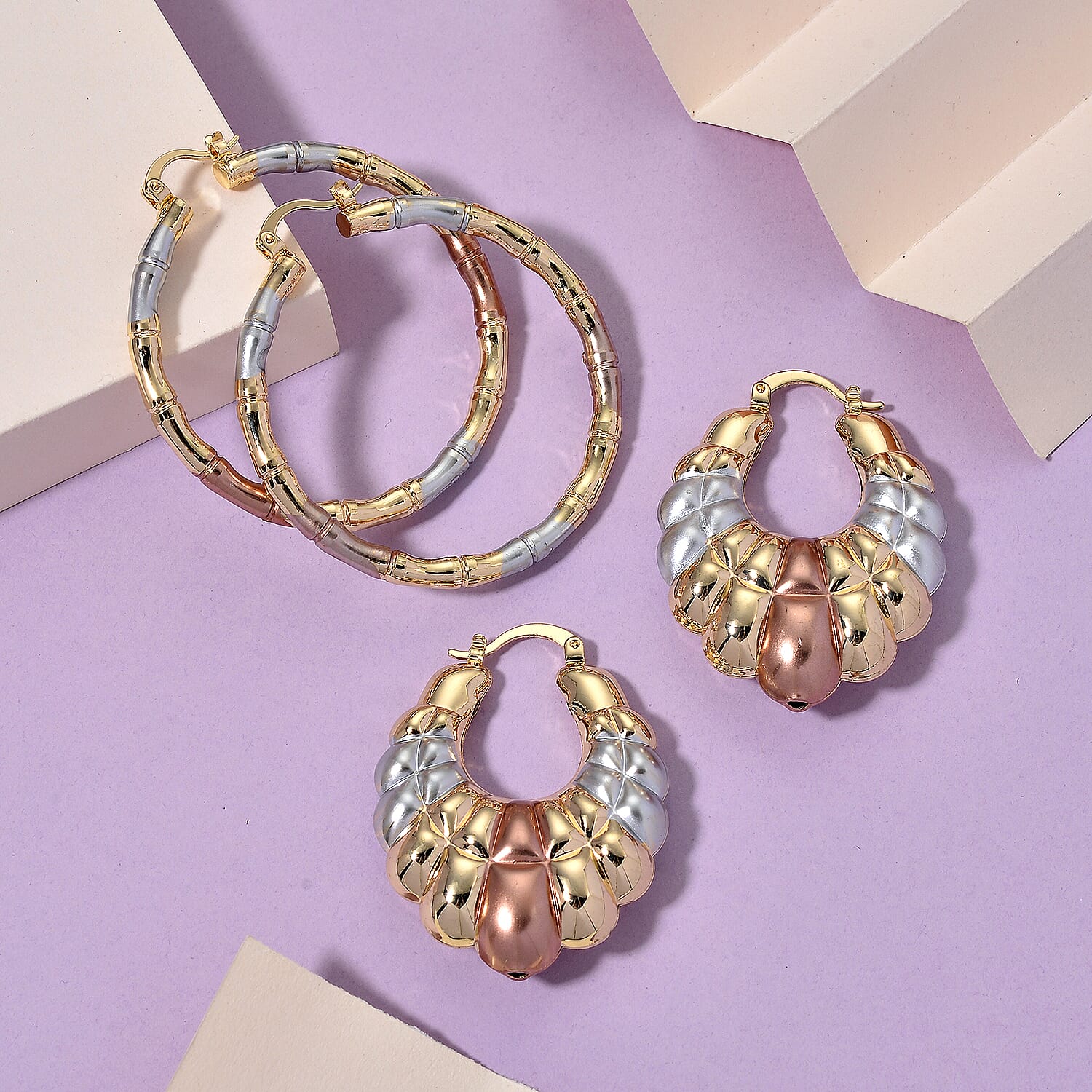 Set of 2 - J Hoop Half Hoop Earring with Clasp in Tri Colour