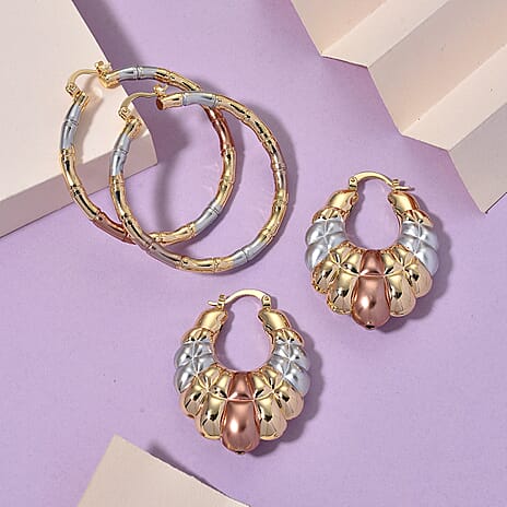 Set of 2 - J Hoop Half Hoop Earring with Clasp in Tri Colour