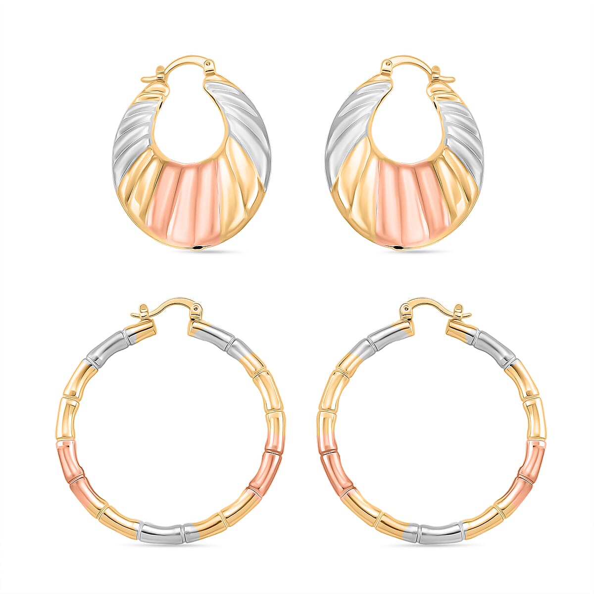 Set of 2 - J Hoop Half Hoop Earring with Clasp in Tri Colour