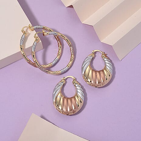 Set of 2 - J Hoop Half Hoop Earring with Clasp in Tri Colour