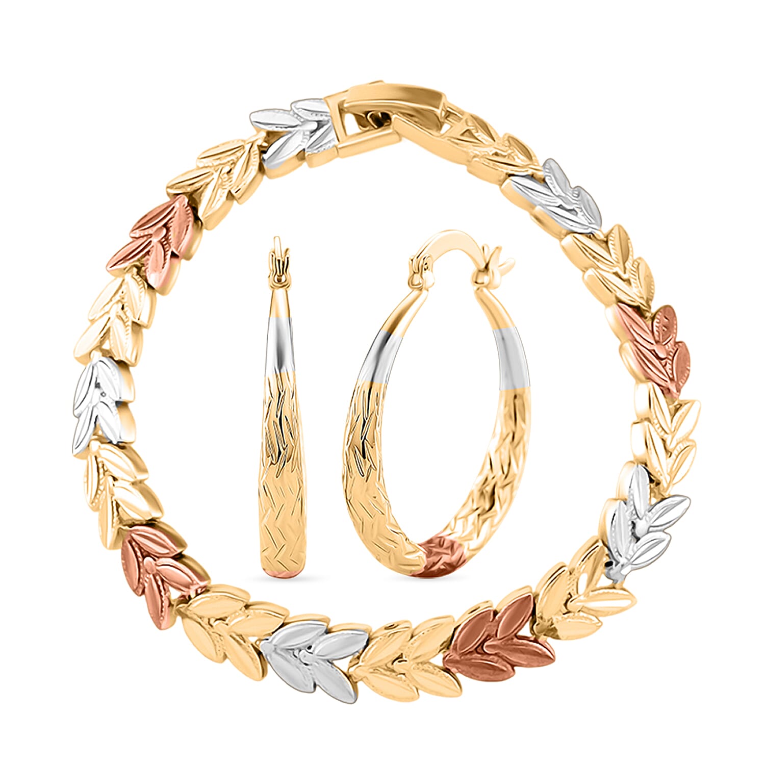 The Tricolore Collection - Three Tone Laurel Leaf Bracelet (Size 7.5) With Three Tone Diamond Cut Hoop Earrings