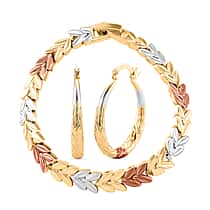 The Tricolour Collection - Three Tone Laurel Leaf Bracelet (Size 7.5) With Three Tone Diamond-Cut Creole Hoop Earrings