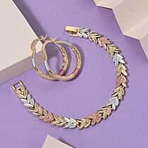 The Tricolour Collection - Three Tone Laurel Leaf Bracelet (Size 7.5) With Three Tone Diamond-Cut Creole Hoop Earrings