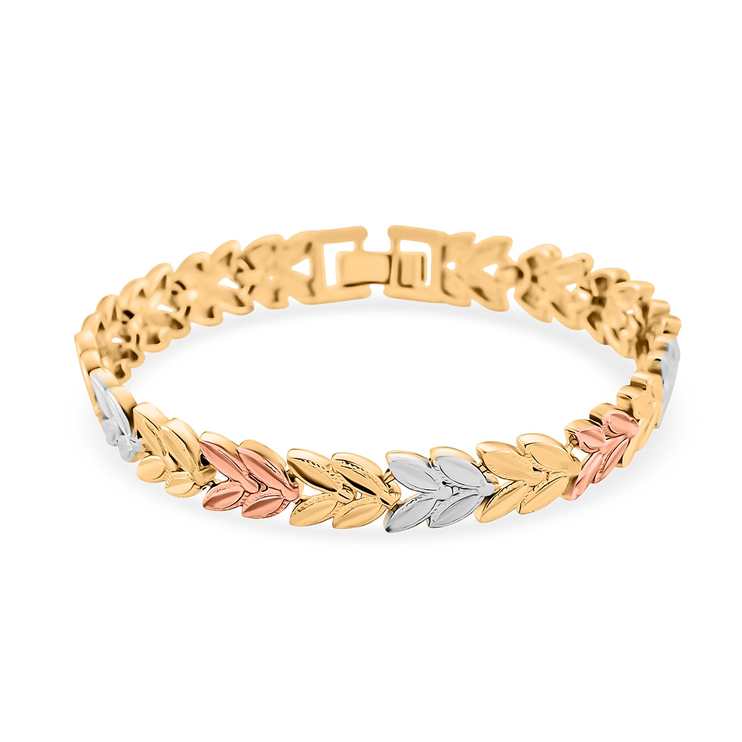 The Tricolore Collection - Three Tone Laurel Leaf Bracelet (Size 7.5) With Three Tone Diamond Cut Hoop Earrings