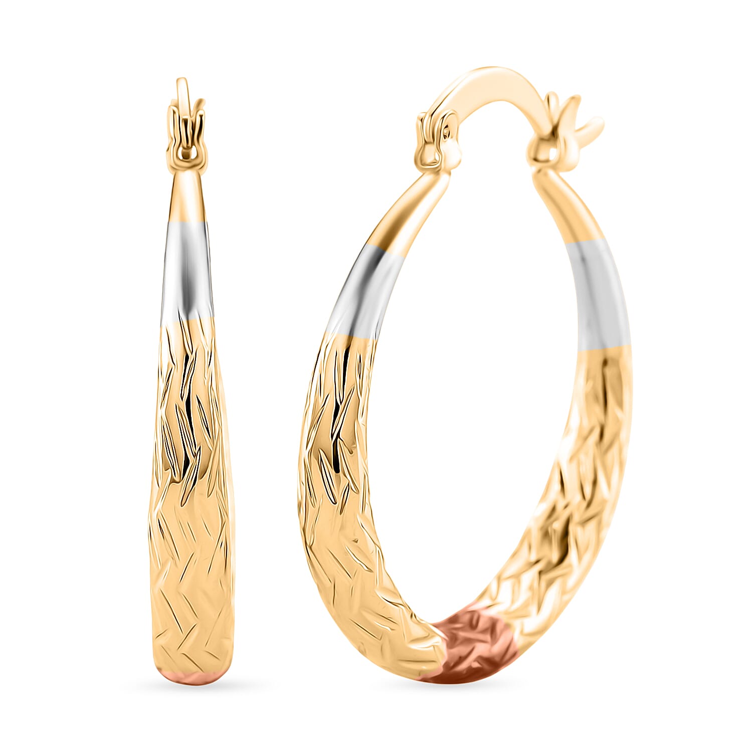 The Tricolore Collection - Three Tone Laurel Leaf Bracelet (Size 7.5) With Three Tone Diamond Cut Hoop Earrings