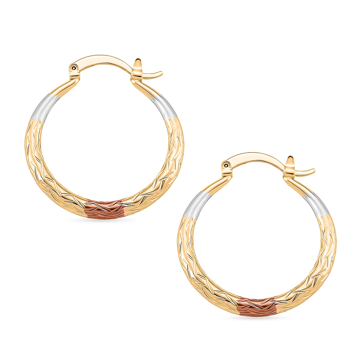 The Tricolore Collection - Three Tone Laurel Leaf Bracelet (Size 7.5) With Three Tone Diamond Cut Hoop Earrings