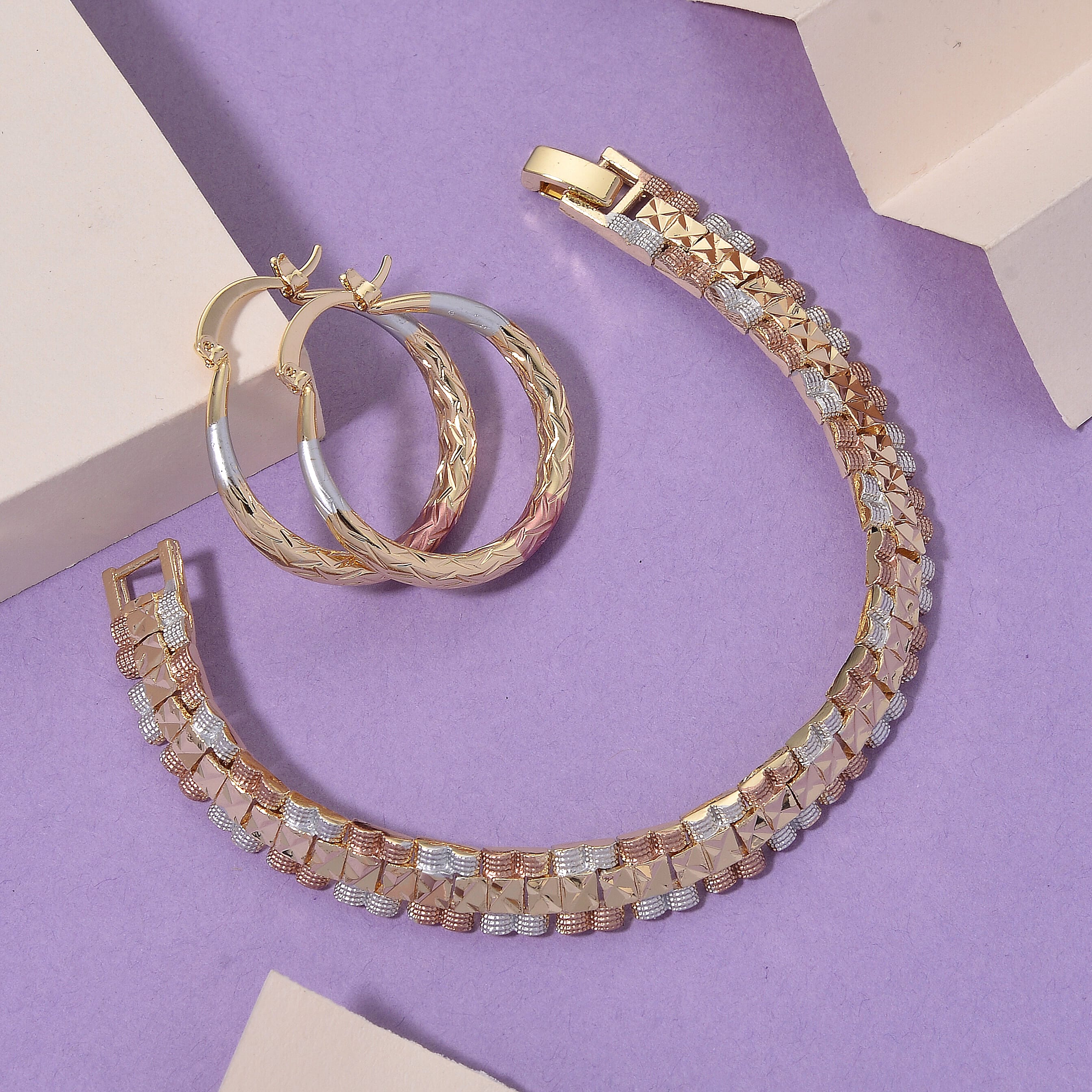 2 Piece Set - Bracelet (Size 7) & J Hoop Half Hoop Earring with Clasp in Tri Colour Tone