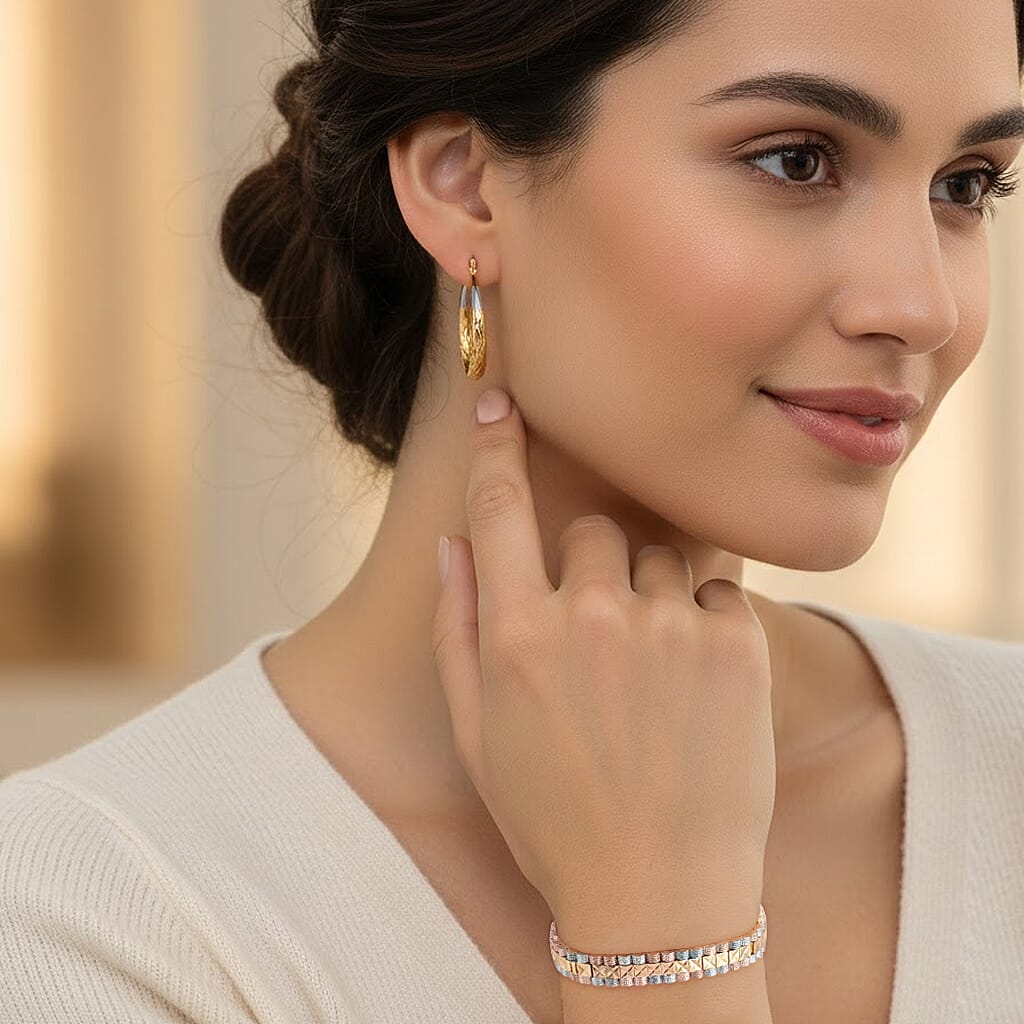 2 Piece Set - Bracelet (Size 7) & J Hoop Half Hoop Earring with Clasp in Tri Colour Tone